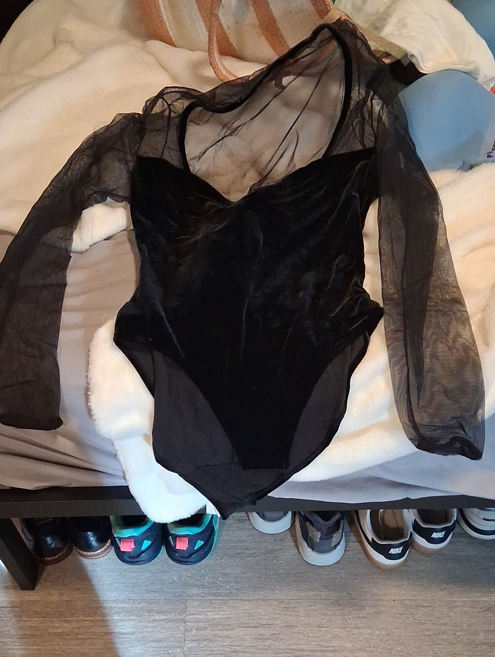 Jones New York Black Velvet Bodysuit with Sheer Long Sleeves